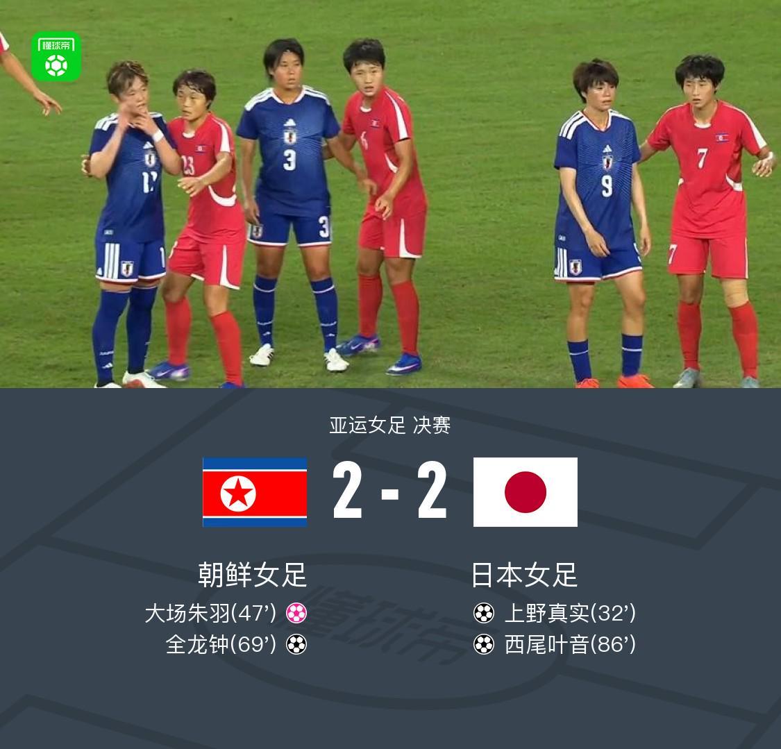 90分钟战报:朝鲜女足2-2日本女足,全龙钟破门,西尾叶音绝平